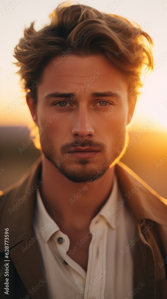 Portrait of a handsome guy at sunset. Generative AI