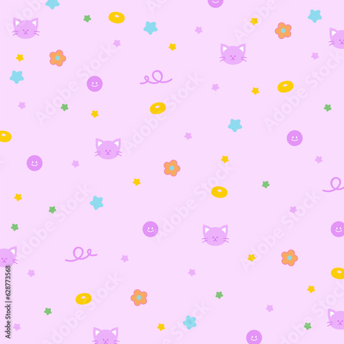 Illustrations of cat, star, flower on a pastel purple background for animal wallpaper, fabric print, pet shop, pet clothes pattern, picnic blanket, backdrop, adopt, rescue, textile, garment, kid cloth