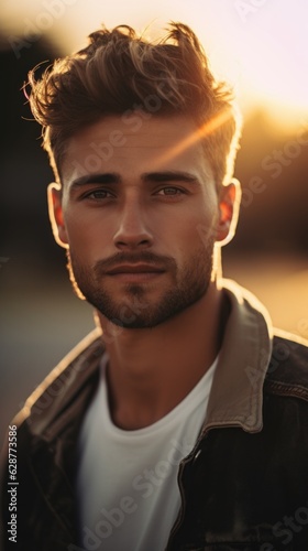 Portrait of a handsome guy at sunset. Generative AI