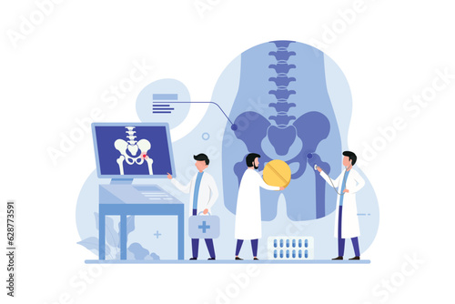 Pain and inflammation in the pelvis illustration concept. Tiny doctor characters examining human pain photo