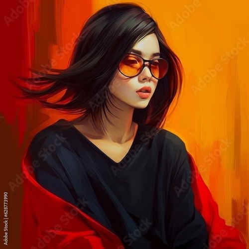 Asian young woman in thinking and doubts realistic illustration. Female hipster character with dreamy face on abstract background. Ai generated bright colorful poster.