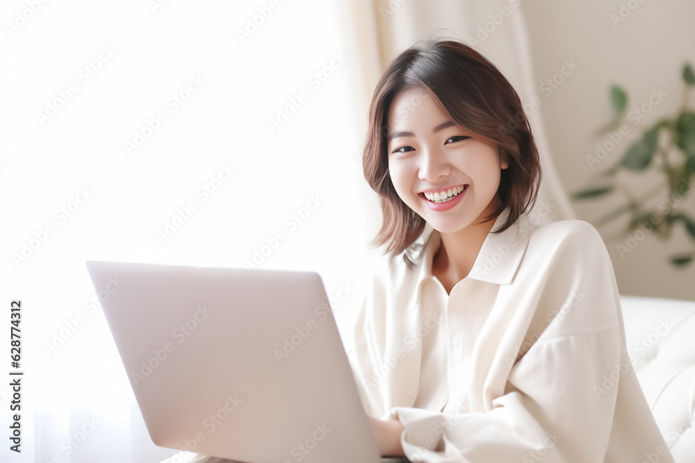 A Smiling Asian Woman working with her laptop in front of light cream background. generative AI.