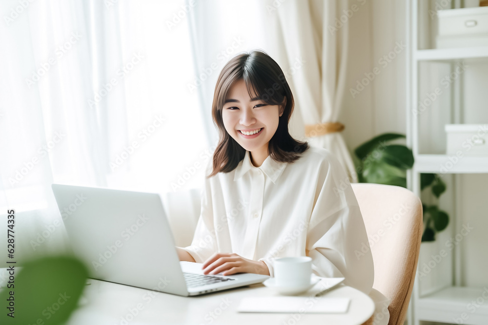 A Smiling Asian Woman working with her laptop in front of light cream background. generative AI.