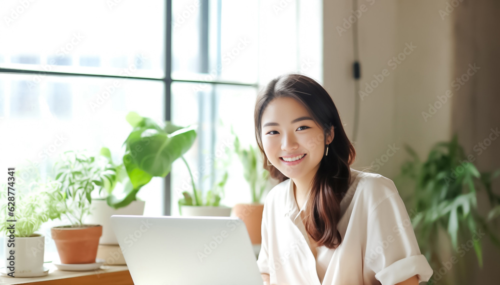A Smiling Asian Woman working with her laptop in front of light cream background. generative AI. A Smiling Asian Woman working with her laptop in front of light cream background. generative AI.