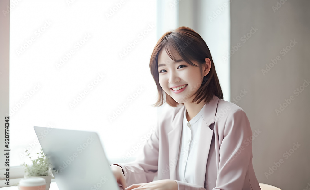 A Smiling Asian Woman working with her laptop in front of light cream background. generative AI. A Smiling Asian Woman working with her laptop in front of light cream background. generative AI.