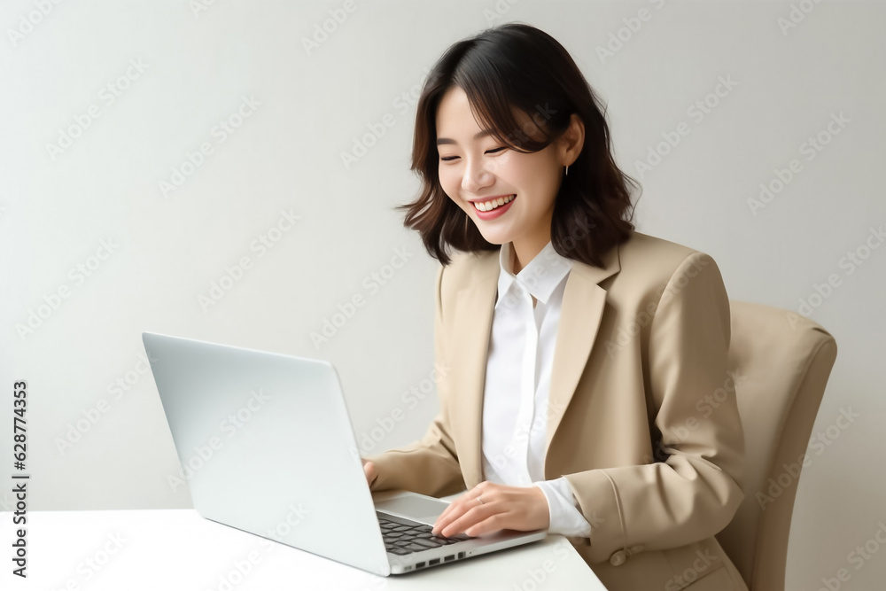 A Smiling Asian Woman working with her laptop in front of light cream background. generative AI. A Smiling Asian Woman working with her laptop in front of light cream background. generative AI.