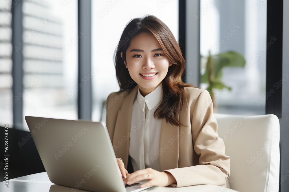 A Smiling Asian Woman working with her laptop in front of light cream background. generative AI.