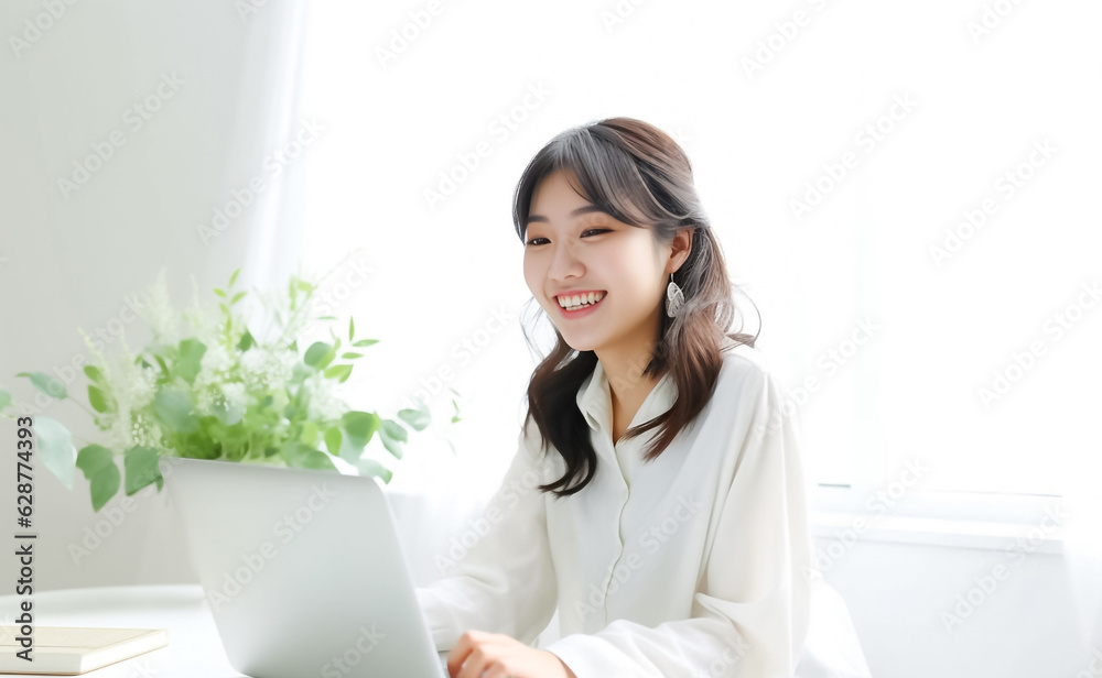 A Smiling Asian Woman working with her laptop in front of light cream background. generative AI. A Smiling Asian Woman working with her laptop in front of light cream background. generative AI.