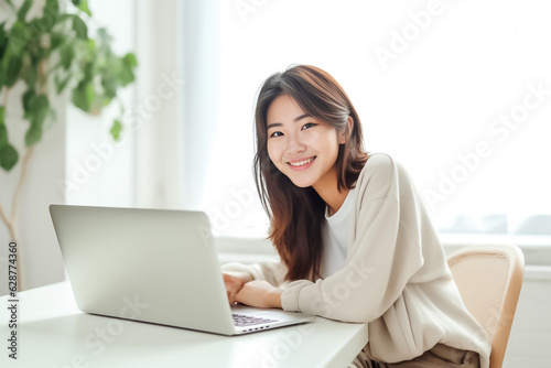 A Smiling Asian Woman working with her laptop in front of light cream background. generative AI. © Surachetsh