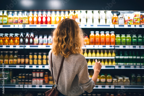 Fototapeta back view of young woman looking at bottle of juice in grocery store