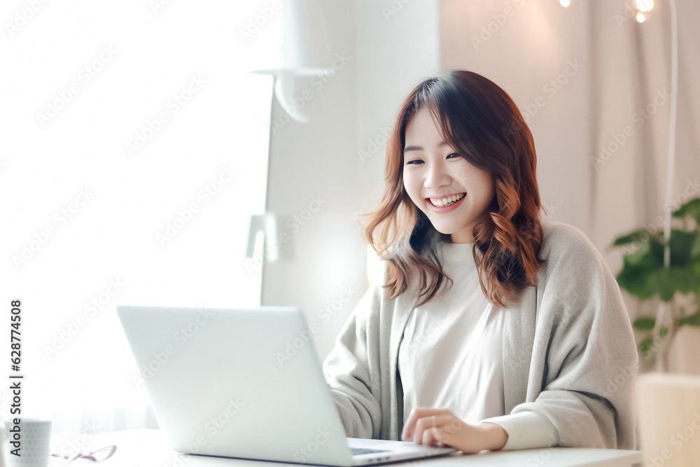 A Smiling Asian Woman working with her laptop in front of light cream background. generative AI. A Smiling Asian Woman working with her laptop in front of light cream background. generative AI.