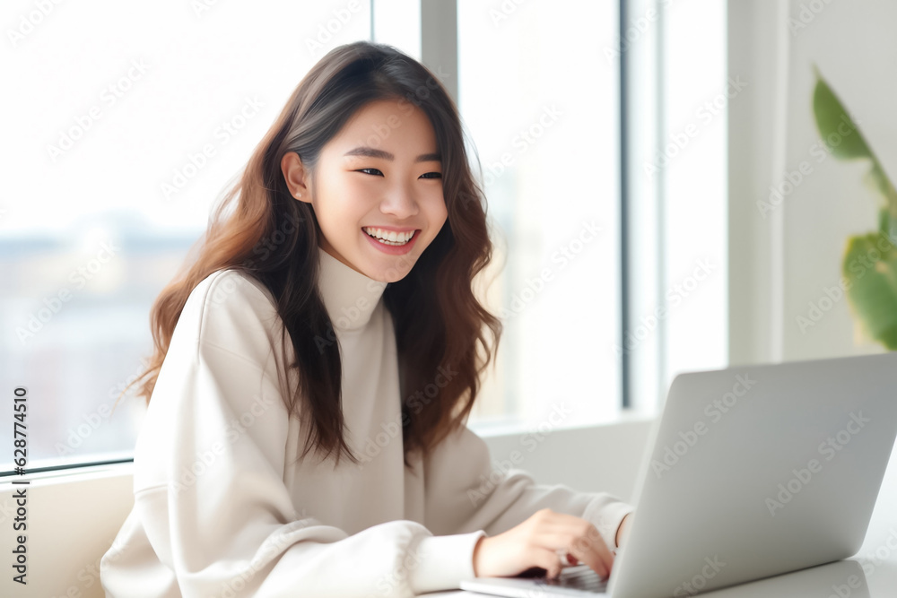 A Smiling Asian Woman working with her laptop in front of light cream background. generative AI. A Smiling Asian Woman working with her laptop in front of light cream background. generative AI.