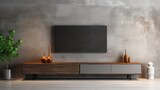 Dark large rustic grunge empty wall living room with blank television TV cabinet frame furniture deco.