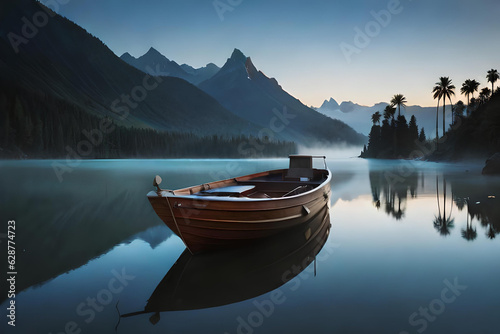 A fabulous boat sits empty on the shore alone by a foggy lake white background photorealistic