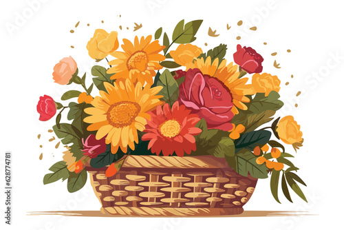 Vector art paintign Bright flower bouquet in basket isolated ower white background. photo