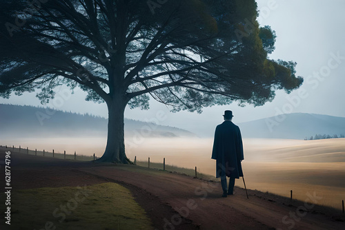 A miry tree and a gentleman stand alone on a foggy hill. empty background, photorealistic