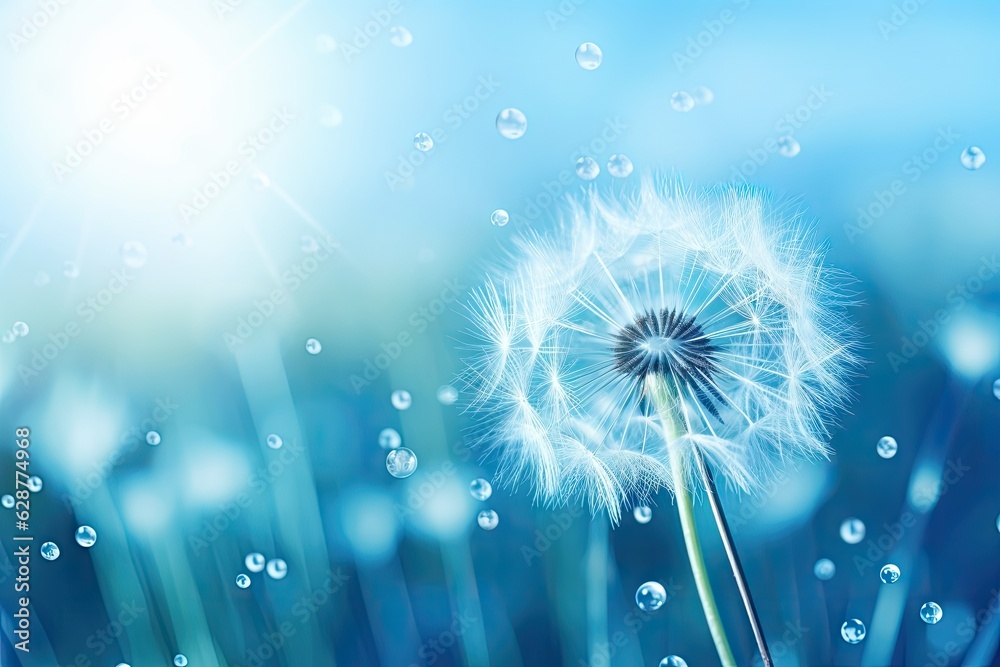 Fototapeta premium Dandelion Seeds in droplets of water on blue and turquoise beautiful background with soft focus in nature macro. Drops of dew sparkle on dandelion in rays of light.