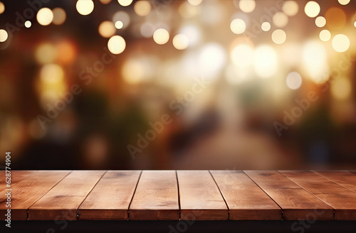 Empty wooden table top in front of restaurant cafe in retro style blurred bokeh background.