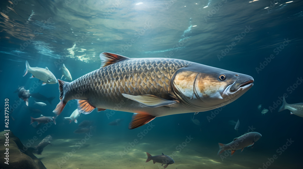 Predatory fish underwater, ready to swallow the bait. hunting predator fish underwater, Generative AI