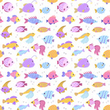 Colorful seamless pattern with different ocean fish and bubbles in flat hand drawn style. For design, textile, background