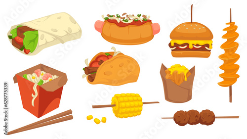 Fast food dishes, asian and mexican meals vector