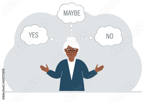 A woman spreads his arms to the sides and makes a choice or makes a decision. Air bubbles with text yes, no, maybe.