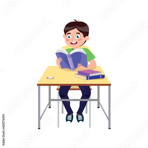 Child reading a book at school. Back to school. Child in class, student. Illustration for school. School season. Vector illustration
