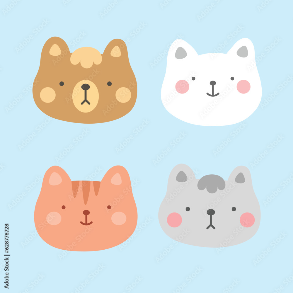 cute cat dog and bear face illustration vector white background