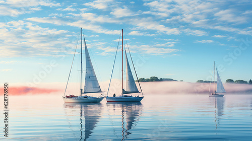 A serene morning scene of sailboats gently bobbing on calm waters, with mist rising in the distance Generative AI