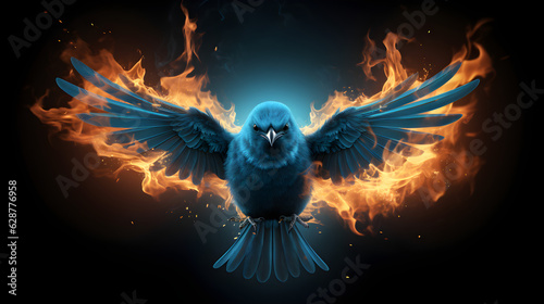 a big blue bird with its wings spread out, on fire, Generative AI