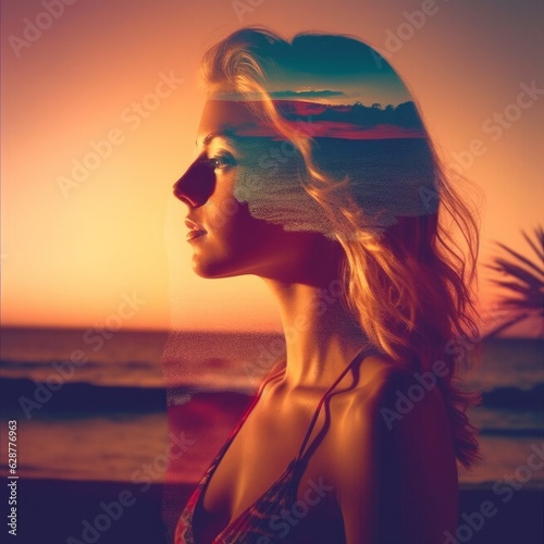 Double Exposure Summer Themed Portrait of a Woman