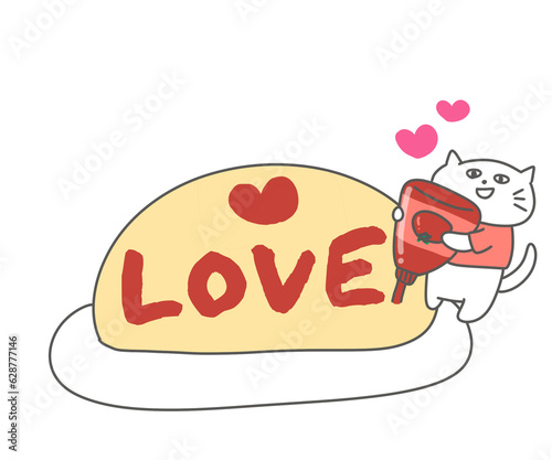 オムライスにLOVEの文字を書くねこ