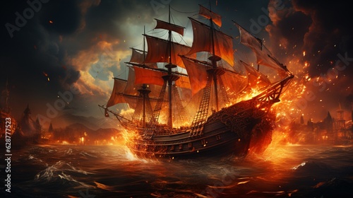 A large galleon sailing through a sea of fire and color, pirate ship concept.