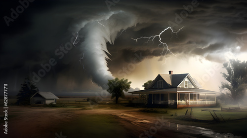 Rural house with tornado, twister looming, moodily menacing, Generative AI