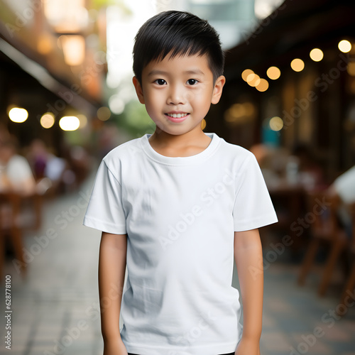 Smiling Asian Boy Model in Kid White T-Shirt Mockup