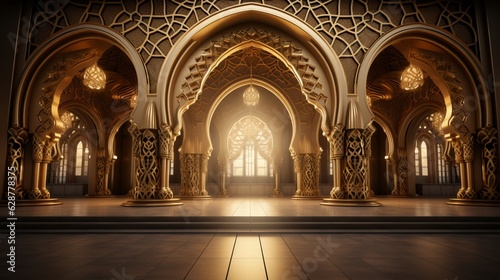 Arabic golden arch. 3d illustration of islam architecture shape for muslim holidays.