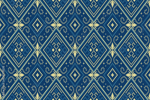 Indigo navy blue geometric traditional ethnic pattern Ikat seamless pattern border abstract design for fabric print cloth dress carpet curtains and sarong Aztec African Indian Indonesian 