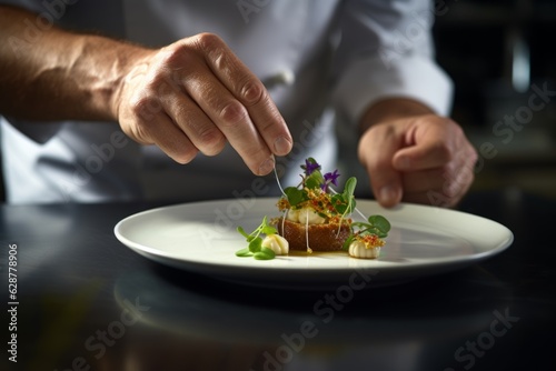Master chef cook man hands precisely cooking dressing preparing tasty fresh delicious mouthwatering gourmet dish food on plate to customers 5-star michelin restaurant kitchen close-up detailed artwork photo