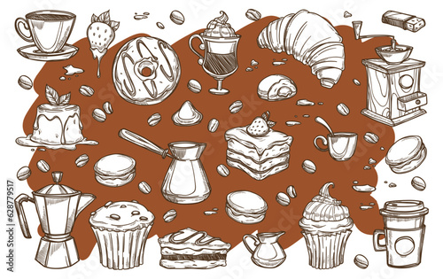 Coffee and cakes, donut and cezve for brewing