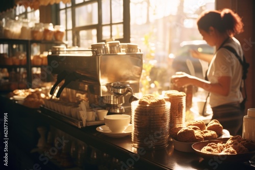 Valokuvatapetti Small cozy cafe coffee shop bakery business enterprise interior sunny morning li