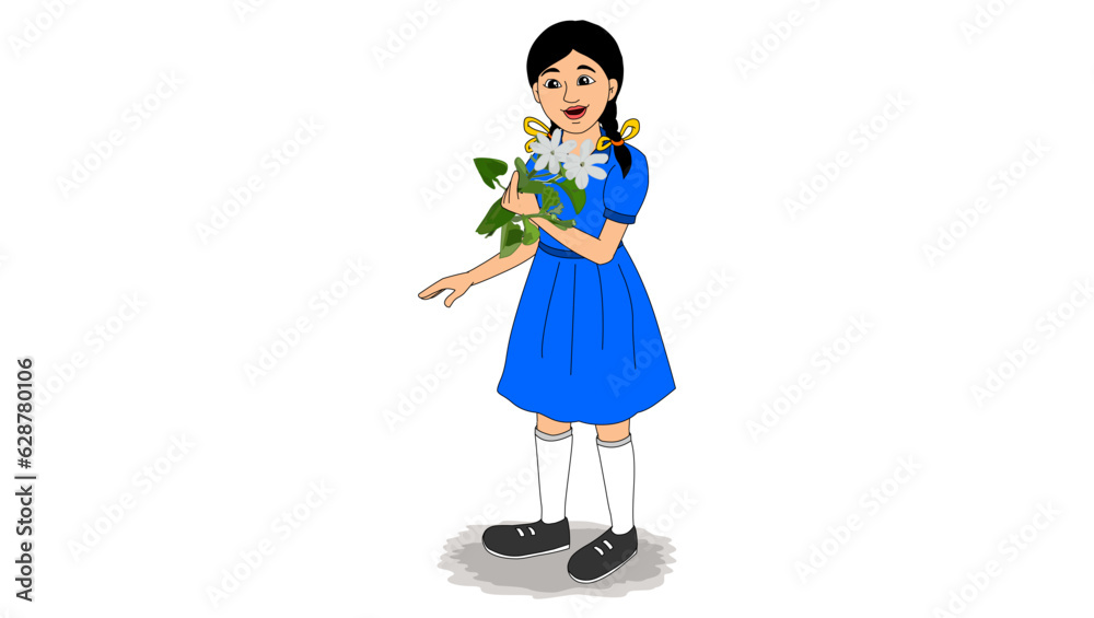 A girl stands in the hand of the flower
