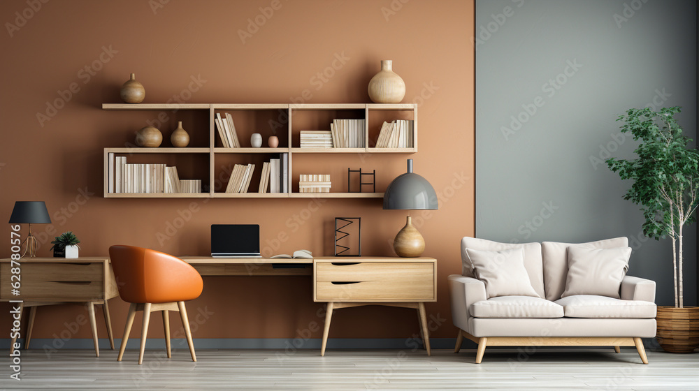 Interior of modern living room with wooden table, armchair and bookshelf, Generative Ai Interior of modern living room with wooden table, armchair and bookshelf, Generative Ai