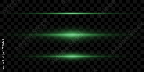 Set of green horizontal glowing rays and glare of light, neon line on a black background. Vector illustration