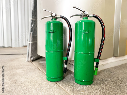 a green fire extinguisher