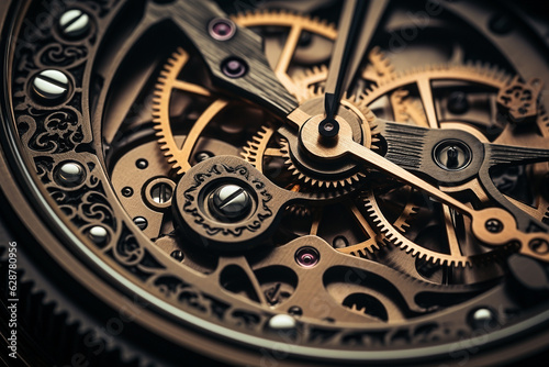 close up detail of an old time watch gears - Generative AI