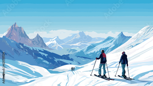 Ai generated. Vector illustration. Advertisement for ski vacations. People are standing on the ski slope.