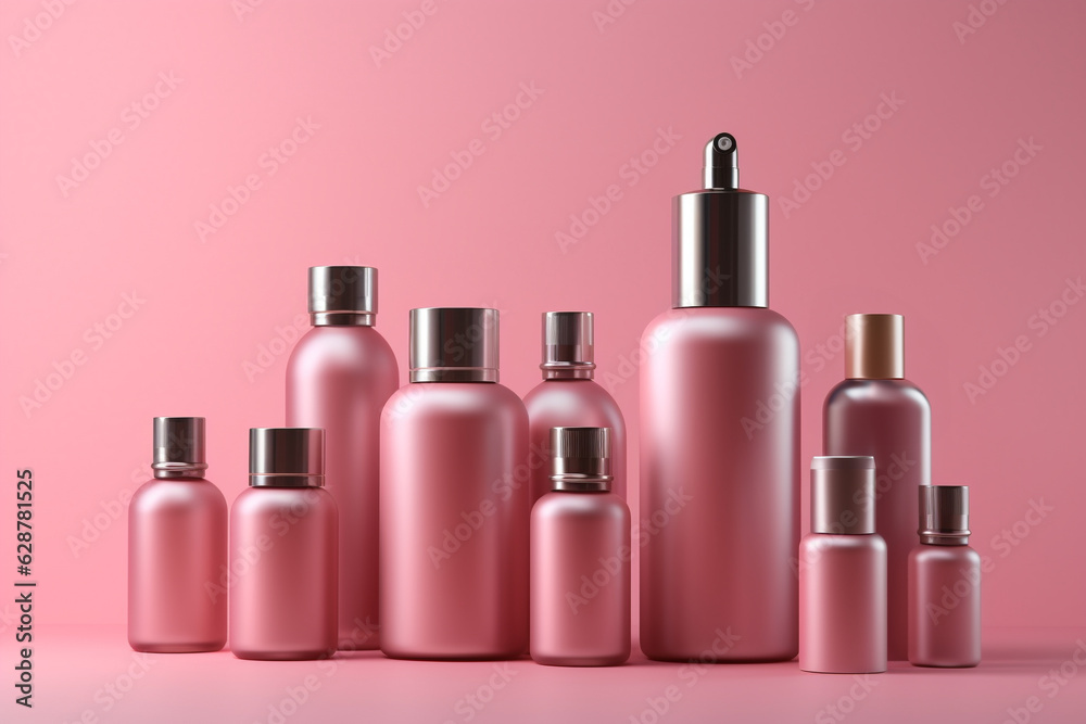 Set of cosmetic bottles on pink background. generative ai.. Set of cosmetic bottles on pink background. generative ai..