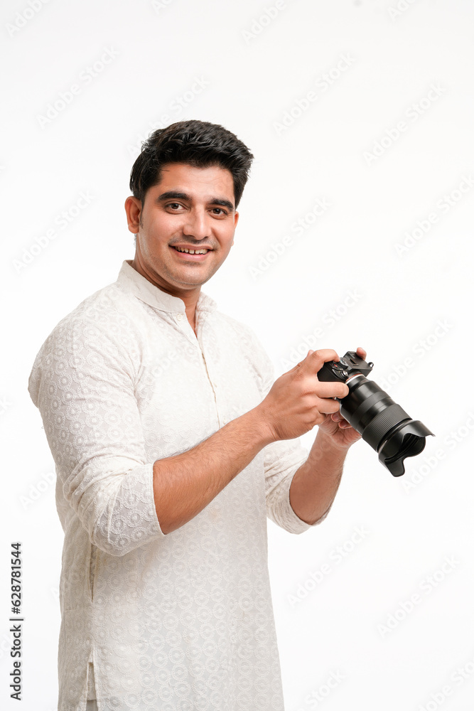 Indian Photographer With Camera on white background. Indian Photographer With Camera on white background.