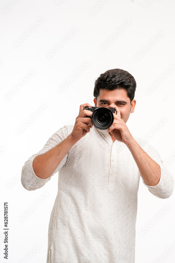 Indian Photographer With Camera on white background. Indian Photographer With Camera on white background.