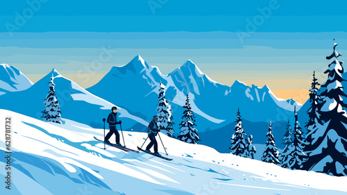 Ai generated. Vector illustration. Advertisement for ski vacations. People are standing on the ski slope. Landscape with snowy Mountains. Mountain range and pine trees. Copy space is available.